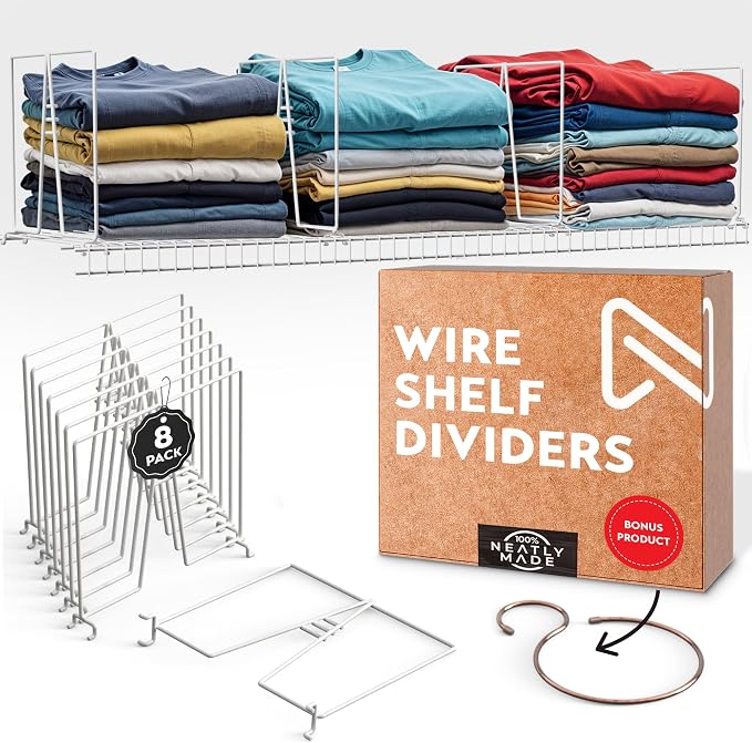 Tall Wire Shelf Dividers for Closet Organization – 4 Pack for 16 Inch Wire Shelves Only - Measure Before You Buy - Sturdy and Easy Set-Up with Bonus Rose Gold Hanger