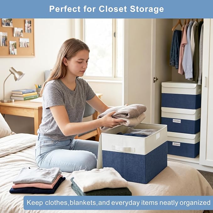 Bagnizer Large 22 Quart Linen Fabric Foldable Storage Bin Cube Organizer Basket with Flip-Top Lid & Handles, Clothes Blanket Box for Home, Office, Closet, Navy Blue & White, 4 Pack 14.6 x 9.5 x 9.5