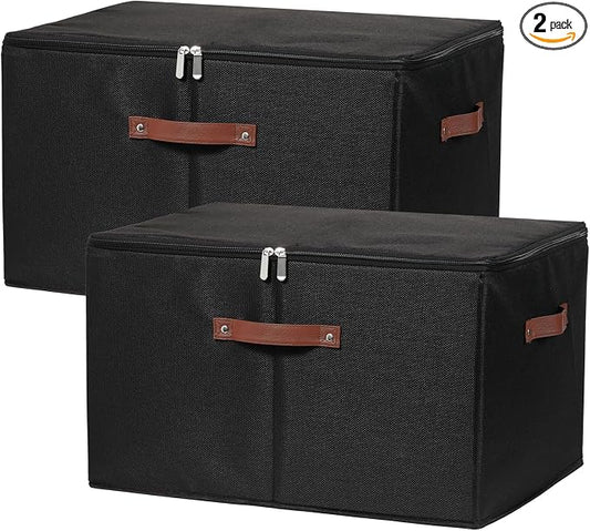 2 Pack Storage Bins with Zipper Lid Cotton Linen Fabric Lidded Storage Baskets Boxes Foldable Washable Closet Shelf Clothes Organizer Container with PU Leather Handles (Black, Jumbo Size)