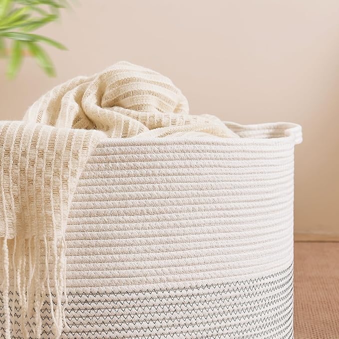 CLHMILY&Z Large Storage Basket - 20x13 Inches - Blanket Basket for Living Room, Woven Storage Basket, Large Laundry Basket for Clothes, for Tree Plant, Mix White