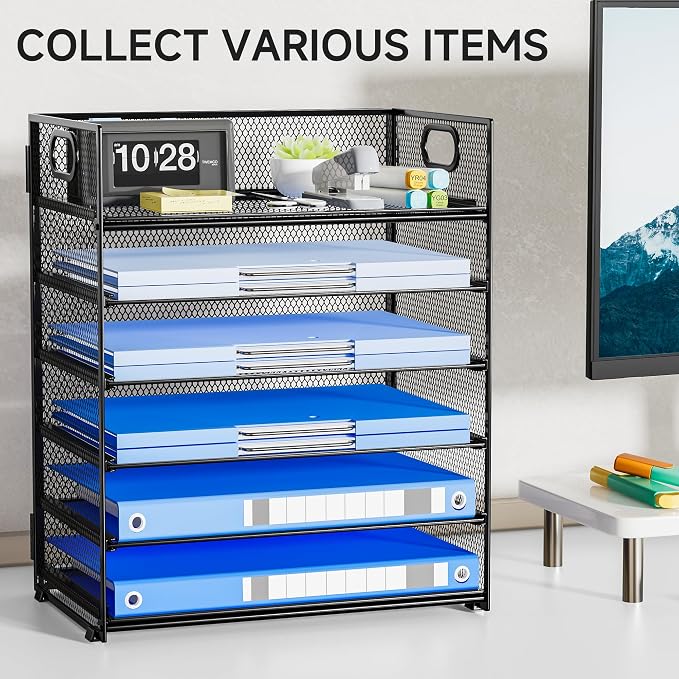 6-Tier Paper Organizer for Desk with Handle, Heavy Duty Metal File Organizer | Stackable Desktop Organizer for Office Supplies, Documents and Stationery Storage