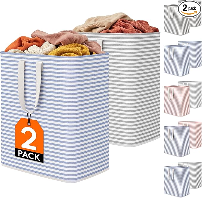 Lifewit 2 Pack Laundry Basket 100L Each, Collapsible Clothes Hamper with Reinforced Handles, Freestanding Waterproof Design for Bedroom and Laundry Room, Grey&Blue 200L Total