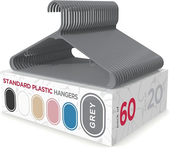 Sharpty Plastic Hangers Clothes Hangers for Clothing, Closet, Coats & Shirts - Durable & Space Saving - for Everyday Standard Use, Room Essentials & Basics - 60 Pack - Grey