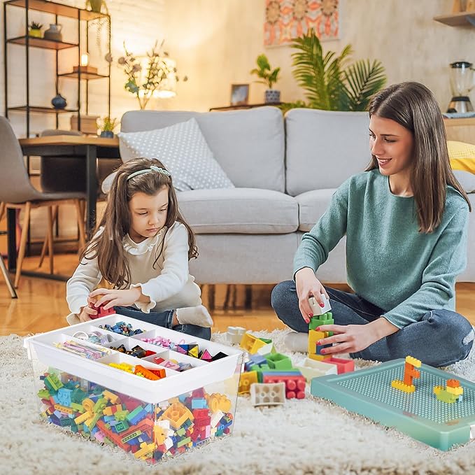 Plastic Storage Bins with Lids - 1 Set Stackable Arts Crafts Organizer Box with Removable Divided Tray &Compatible Building Baseplate,Toy Chest Containers for Bricks -Green(14.37"x9.64"x6.69")