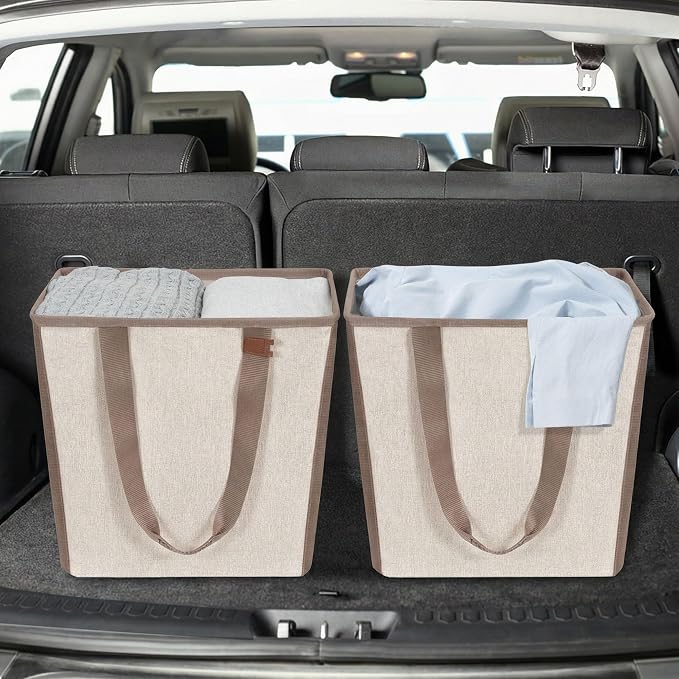 STORAGE MANIAC Collapsible Laundry Basket, 16.9 Gal. Large Pop-up Laundry Hamper with Long Carry Handles, Space-Saving Foldable Clothes Hamper with Bottom Elastic Band, Travel Laundry Bags, Oat Beige