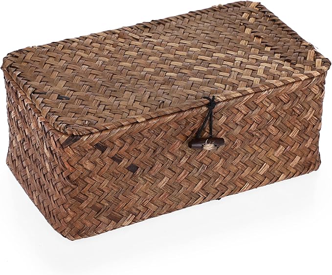 Hipiwe Wicker Shelf Baskets Bin with Lid, Handwoven Seagrass Basket Storage Bins Rectangular Household Basket Boxes for Shelf Wardrobe Home Organizer, Coffee X-Small