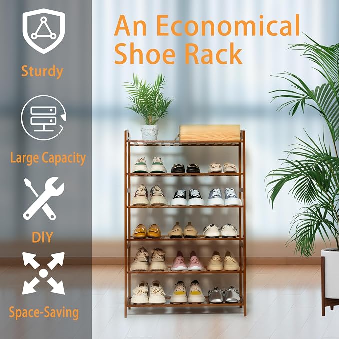 6 Tier Bamboo Shoe Rack, Free Standing Shoes Rack Shoe Shelf Shoe Organizer for Closet, Entryway, Bedroom, Living Room, Front Door, Studio, Bathroom
