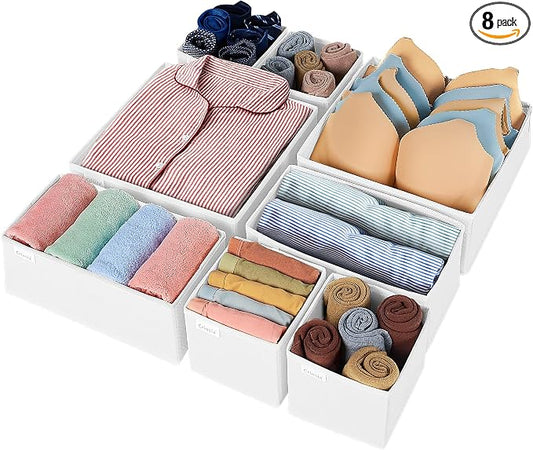 Criusia Drawer Organizer Clothes, 8 Pack Underwear Drawer Organizer, Foldable Closet Organizers and Storage Dresser Drawer Dividers for Clothes, Socks, Scarves, Ties (White)