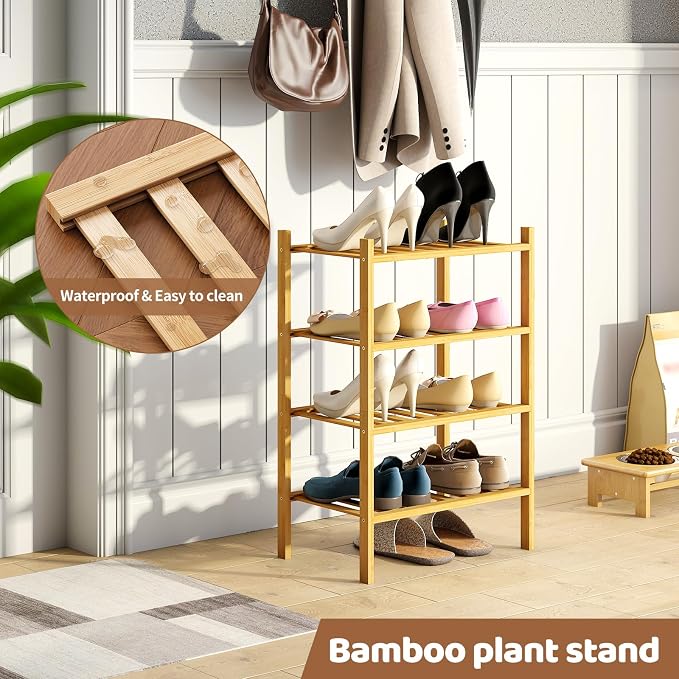 Bamboo Shoe Rack Stackable Shoe Shelf Storage Organizer for Unit Entryway Hallway and Closet Sturdy Freestanding Small Shoe Shelf(4S Tier Natural)