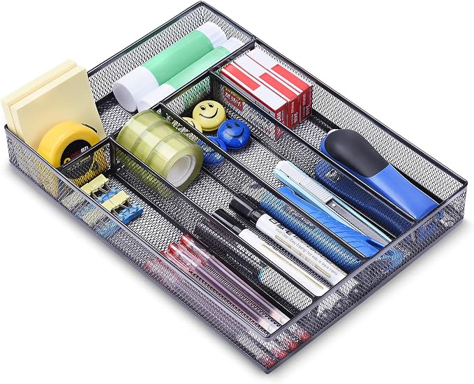 WuGeShop Silverware Drawer Organizer Black, Kitchen Drawer Organizer Metal Mesh Utensil Tray Non-Slip Cutlery Tray, 5 Compartments
