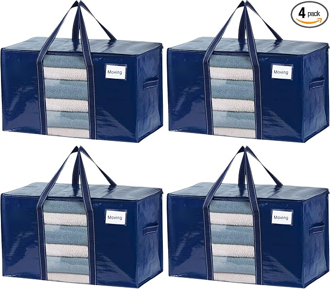 VENO 4 Pack Moving Bags with Clear Window, Heavy Duty Storage Bins with Lid, Around Handles, Tag, Zippers, Extra Large Totes Packing Moving Boxes Supplies for College Dorm Clothes, (Blue, 4 Packs)