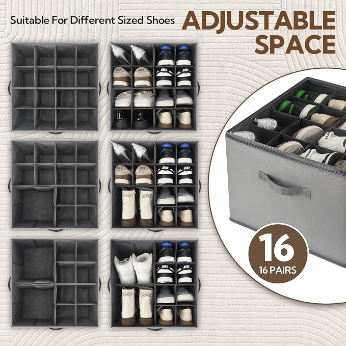 VZZNN Shoe Organizer for Closet, 2 Pack Foldable Shoe Storage Bins with Clear Cover and Adjustable Dividers, Fits up to 16 Pairs, Large Shoe Box Storage Containers with Reinforced Handles (grey)