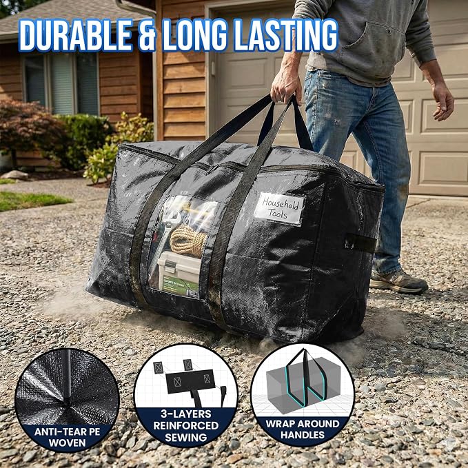 TAILI Extra Large Moving Bags, 8 Pack Black Heavy Duty Totes For Storage with Visible Window, Wrap Around Handles, Storage Bags for Space Saving, Alternative to Moving Boxes