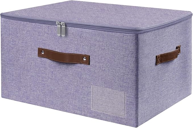 ANMINY Storage Bins with Zipper Lid Storage Boxes with Label Holder PU Leather Handles Washable Foldable Decorative Lidded Cotton Linen Fabric Cubes Baskets Closet Organizer - Purple, Large
