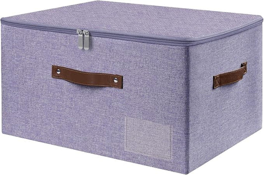 ANMINY Storage Bins with Zipper Lid Storage Boxes with Label Holder PU Leather Handles Washable Foldable Decorative Lidded Cotton Linen Fabric Cubes Baskets Closet Organizer - Purple, Large