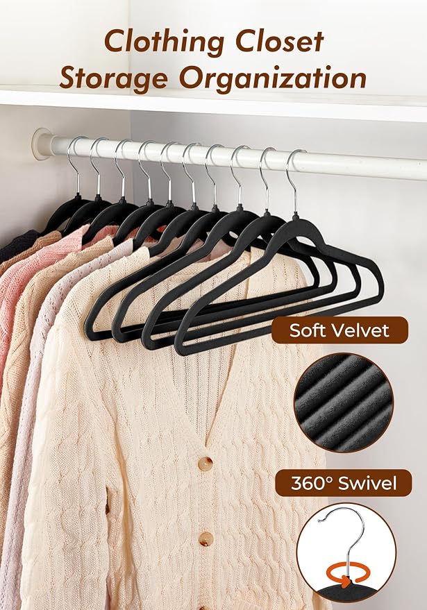 HOUSE DAY Premium Black Velvet Hangers 100 Pack - Non Slip Felt Hangers Closet Essentials, Space Saving Hanger, Gentle on Clothes, Sturdy Shoulder Design