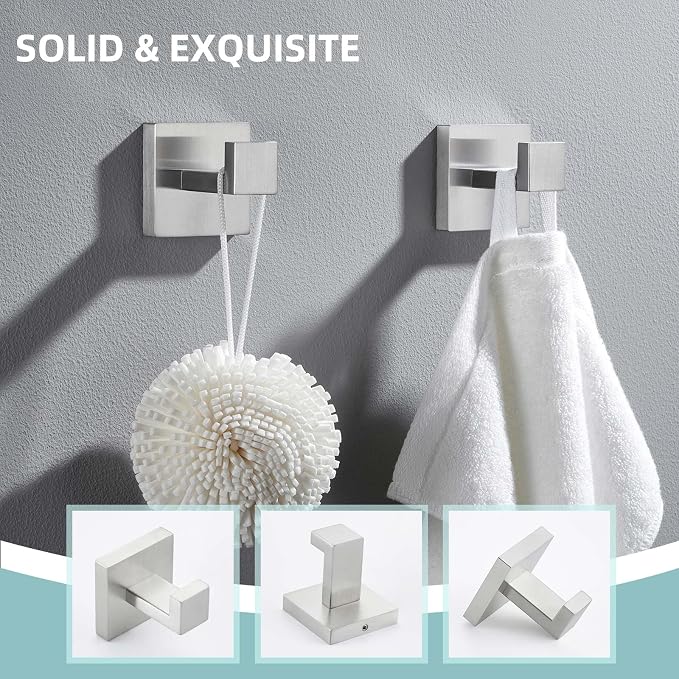 Angle Simple Towel Hooks for Bathroom, SUS 304 Stainless Steel Robe Coat Hooks for Wall, Brushed Nickel, 2 Pack