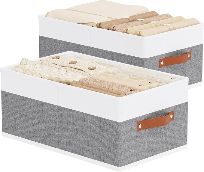 Storage Bins Organizers,18.5×11×7.9In,White/Grey Boxes,2Pack | Clothing Storage Baskets,Fabric Closet Organizer,Foldable Containers with PP Plastic Board,Large Cubes for Clothes,Hat,Books