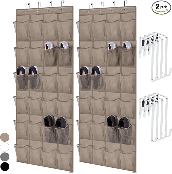 HOME GENIE Over the Door Hanging Shoe Organizer, 2 Pack, 24 Breathable Mesh Pockets, Closet Rack Storage Holder Stay in Place Hooks Hang on Closets, Hanger Holds Up to 40 lbs, Shoes, Accessories Beige