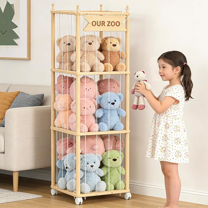 Stuffed Animal Storage,Wooden Zoo Toy Organizer with Wheels & Hanging Net, Cute Plush Toy Display Stand for Kids Bedroom, Playroom & Nursery Decor, Perfect White Elephant Gift for Boys & Girls
