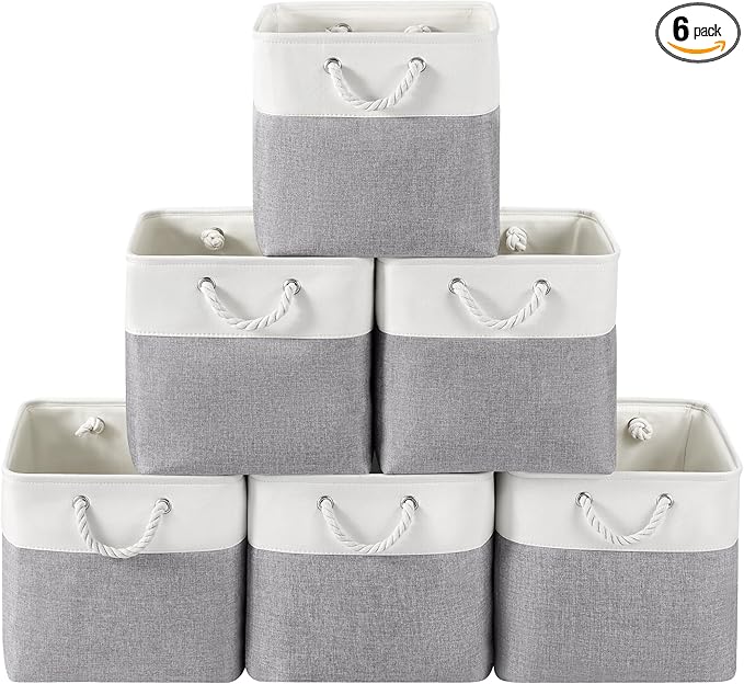 13 x 13 Inch Cube Storage Bins, 6 Pack Fabric Storage Basket with Handles, Foldable Boxes Organizer for Shelf Baskets for Home, Clothes (White/Grey)