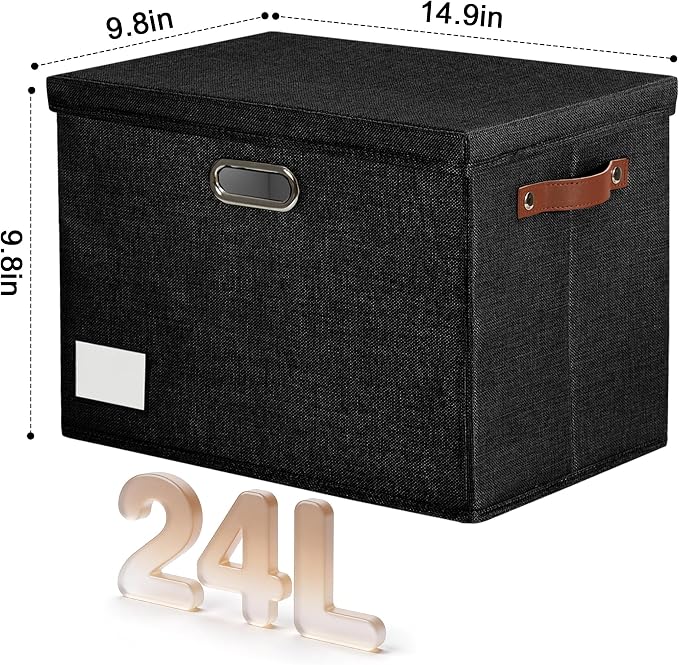 15" Large Collapsible Storage Bins with Lids, Stackable Closet Organizers with PU Handle and Labels, 3-Pack Decorative Fabric Storage Boxes for Home, Bedroom, Closet, Office, Nursery(Black)
