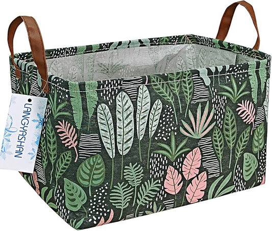 Rectangular Collapsible Full Leaf Storage Basket Nursery Organizer | Storage Bin Foldable Canvas with Handles for Organizing Home Kitchen Children Toys Office Closet Shelf Baskets