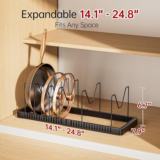ORDORA Expandable Pot Lid Organizer, Solid Metal Under‑Cabinet Pots and Pan Storage Rack 14.1''‑24.8'', Fits Bakeware & Cookie Sheets with 12 Adjustable Dividers
