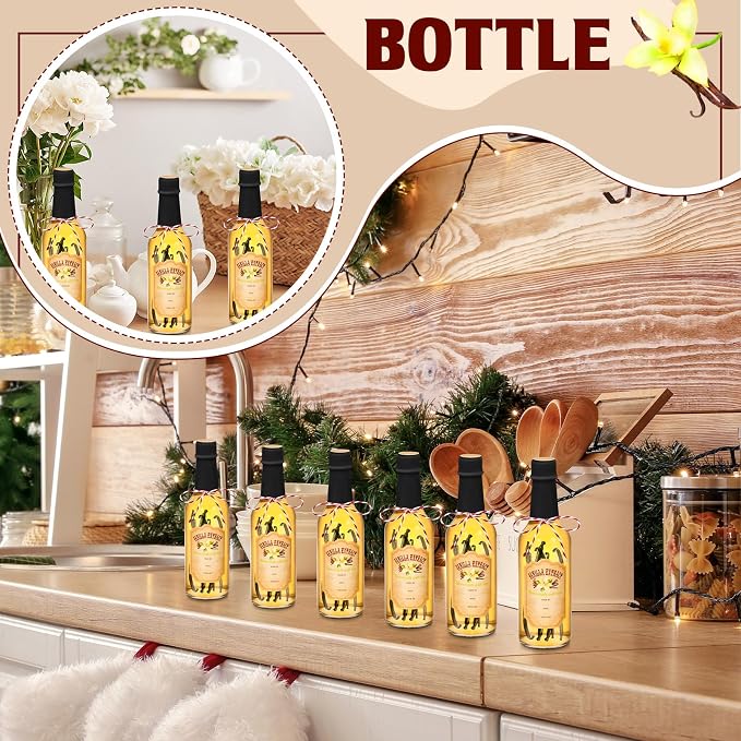 Tioncy 16 Pcs Empty Vanilla Extract Bottles for Homemade Vanilla Jar Glass Bottle with Cap, Shrink Band, Sticker DIY Crafts Wedding Gift Food Storage Canister for Bean(Black,8.5 oz)