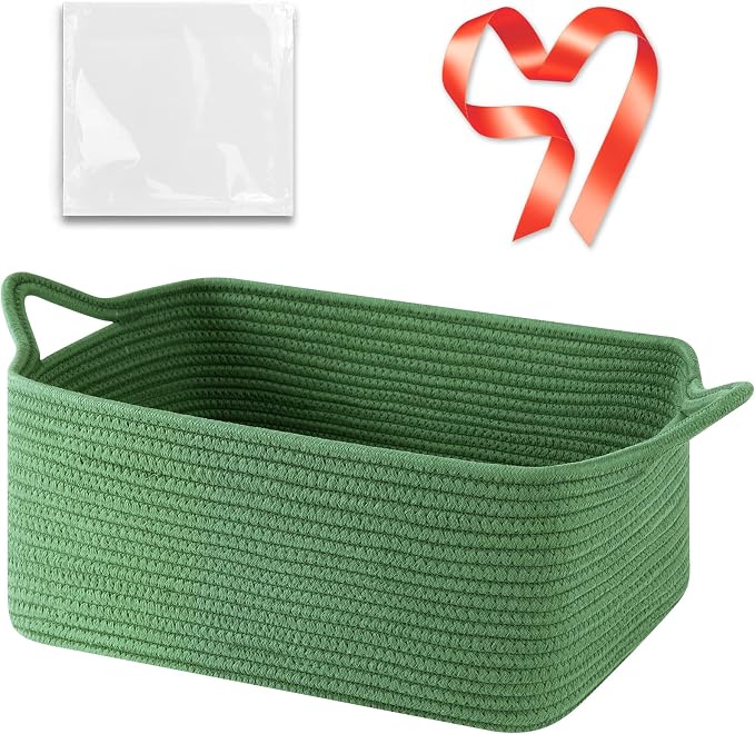 OIASKET Large Empty Cotton Rope Gift Basket with Handles, 16.5"x12.6"x7" Decorative Woven Storage Basket with Gift Bag and Ribbon Set for Baby Shower, Toy Organizer for Kids, Dogs & Cats - Green
