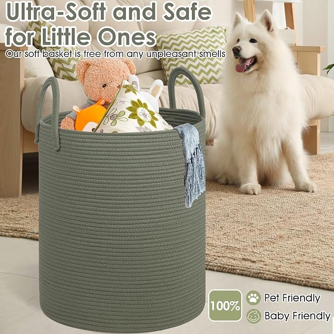Laundry Basket,18x18X22 Cotton Rope Storage Basket with Handles,Kids Girl Baby Laundry Hamper,Dirty Clothes Hamper,Blanket Basket for Living Room,Nursery Hamper,Room Decor,Green