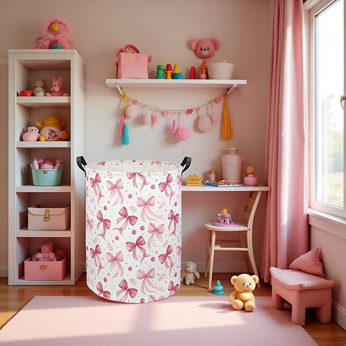 Butterfly Baby Laundry Basket Baby Hamper for Nursery Girl Kids Butterfly Hamper Cute Kids Toys Storage Bin Organizer Butterfly Room Decor for Home(Pink Bowknot)