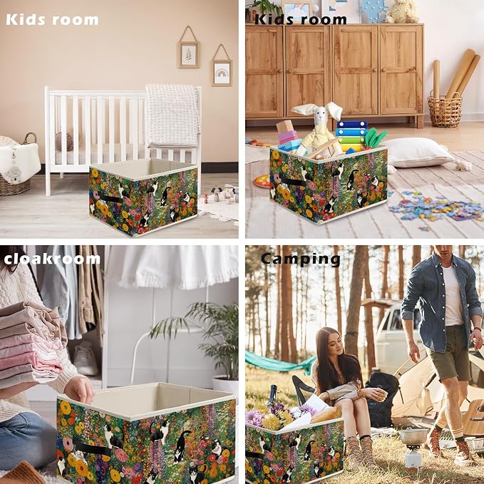 Gustav Klimt Inspired Tuxedo Cat Storage Bin Box with Handles, Colorful Floral Black and White Cat Foldable Organizer Basket Toybox for Home Bedroom Bathroom Clothes Toys Books
