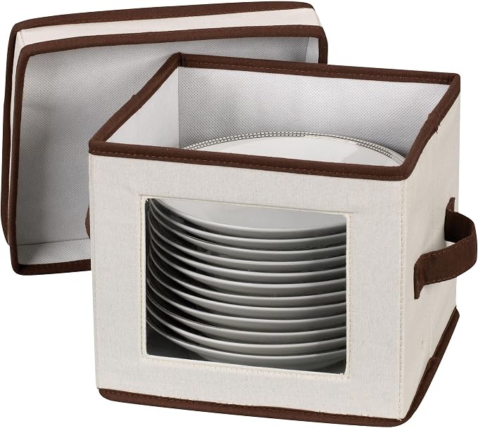 Household Essentials China Plate Storage Box, Holds 12 Dessert Plates or Bowls, Windowed Panel, Sturdy Frame and Reinforced Handles, Felt Cushions, Fully Removable Lid