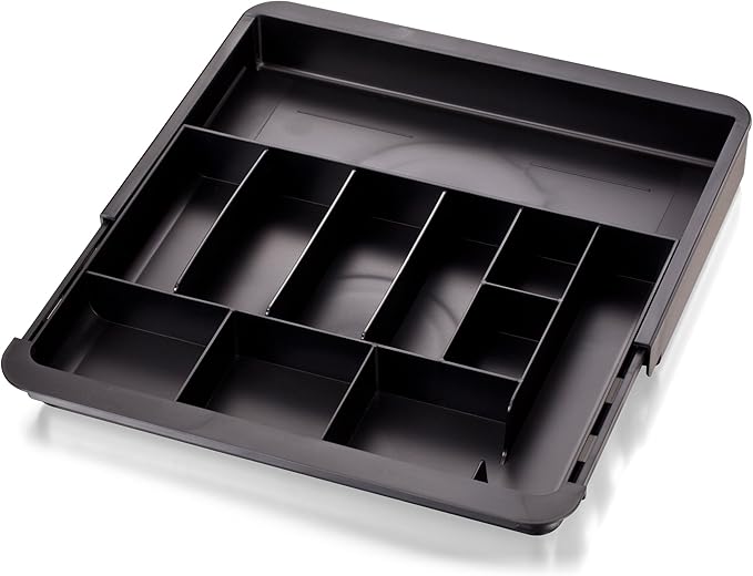 Officemate Expandable Drawer Organizer Tray, Adjustable 10.3"–16" Width, Customizable Compartments with Dividers, Recycled Plastic, Black