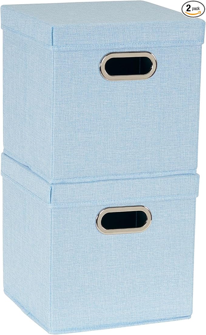 Household Essentials 816-1 Café Cube Bin Storage Set with Lids and Handles | 2 Pack, Baby Blue Linen