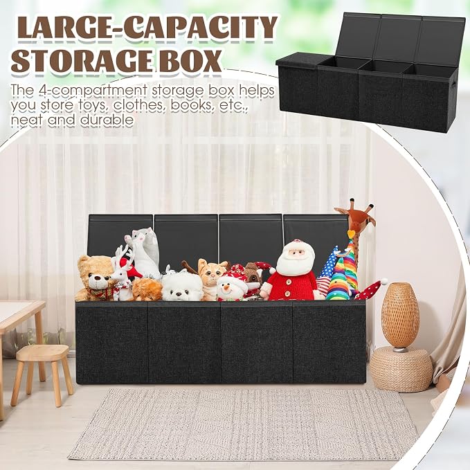 Patelai Extra Large Toy Box Chest with Lids 4/3 Grids Large Chest Collapsible Kids Toy Storage Baskets Gifts for Boys Girls Living Room Nursery Playroom(49.2 x 13 x 15.7'',Black)