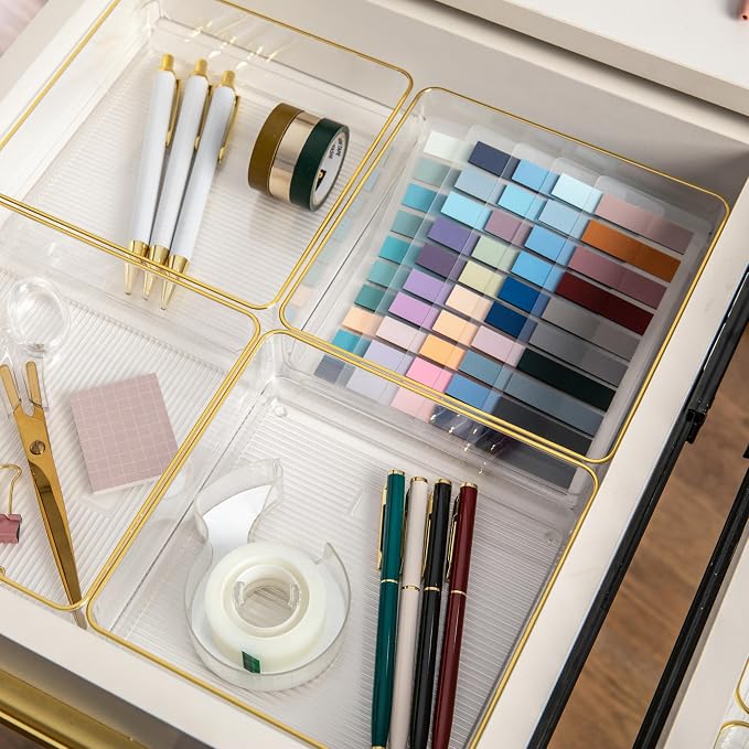 Martha Stewart Kerry Plastic Stackable Office Desk Drawer Organizers, 6" x 6", 4 Pack, with Gold Trim