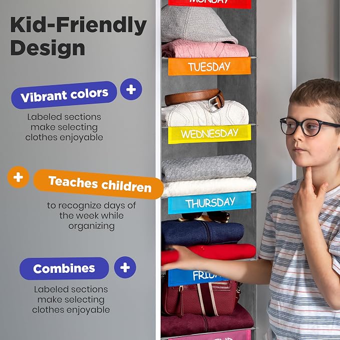 Handy Laundry Hanging Clothes Organizer for Kids - 6-Shelf Closet Daily Clothing Organization Labeled Shelves with Days of The Week Monday Through Friday, Weekday and Weekend (Grey-Colored)