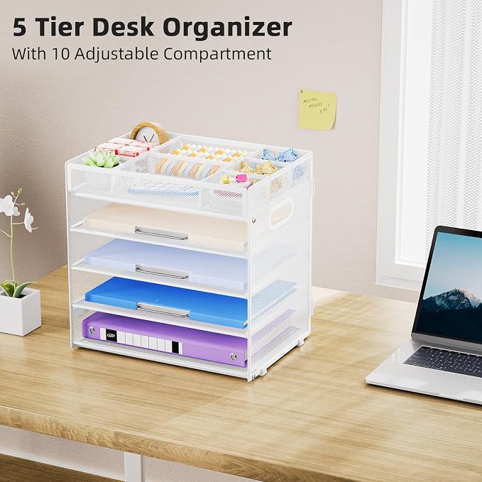 Marbrasse 5 Tier Paper Organizer Letter Tray, Mesh Desk File Organizer with Handle, Paper Sorter Desk Organizer for Home Office Supplies - White, Adjustable