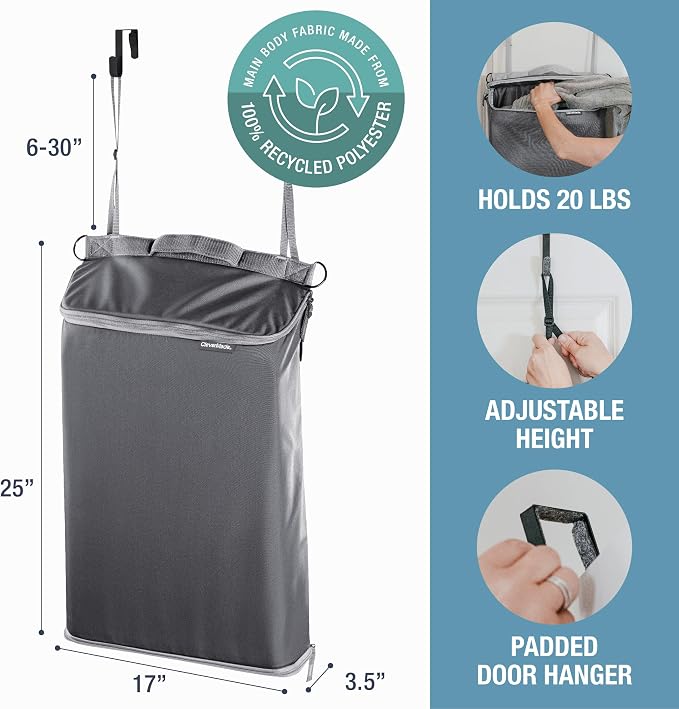 CleverMade Convertible Hanging Laundry Hamper, 21.5L, Over-the-Door, Stone | Bottom zipper, removable carry strap and door hooks simplify unloading and hauling in dorms, bedrooms, bathrooms and RVs