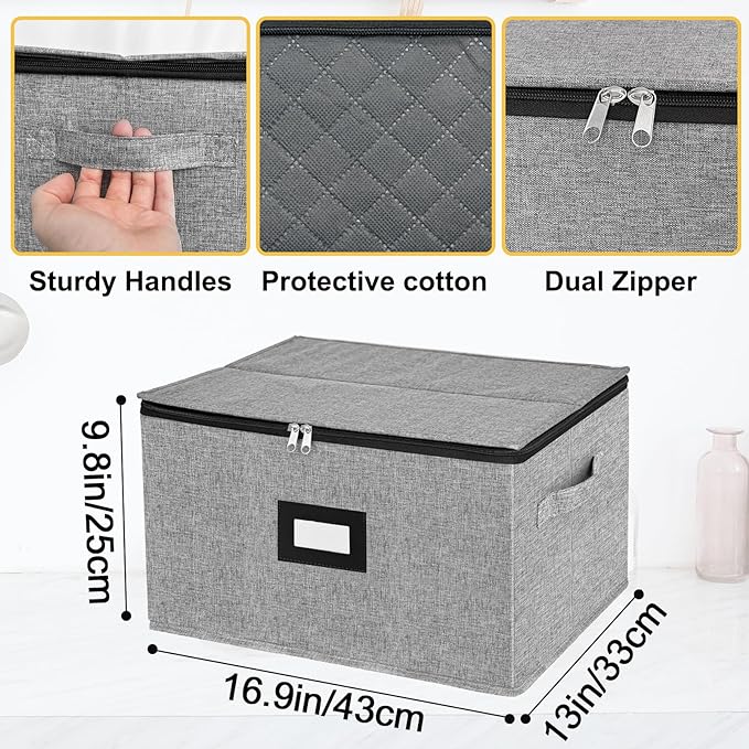 homyfort Wine Glass Storage Box, China Storage Containers with Dividers, Stemware Storage Case Holds 12 Wine Glass or long stem Crystal Glassware with Handles, Hard Shell and Stackable (Grey)