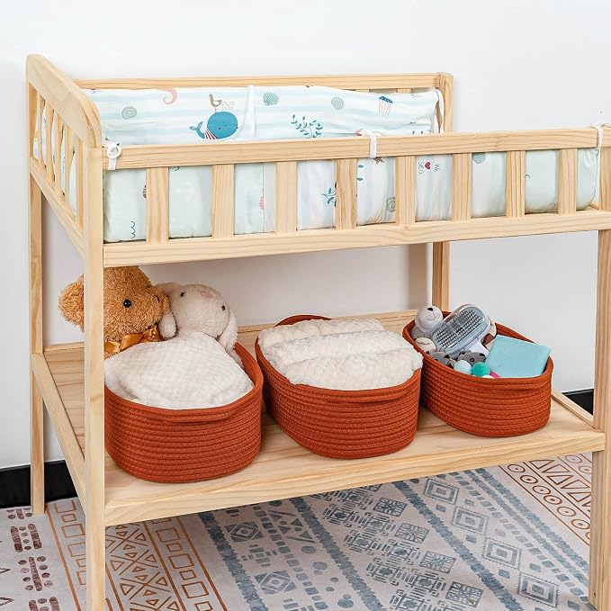 CubesLand Small Storage Basket Cotton Rope Organizer Baskets for Shelves | Set of 5 Decorative Closet Storage Bins with Handle for Countertop, Toilet Paper Basket for Toilet Tank Top, Rust Basket