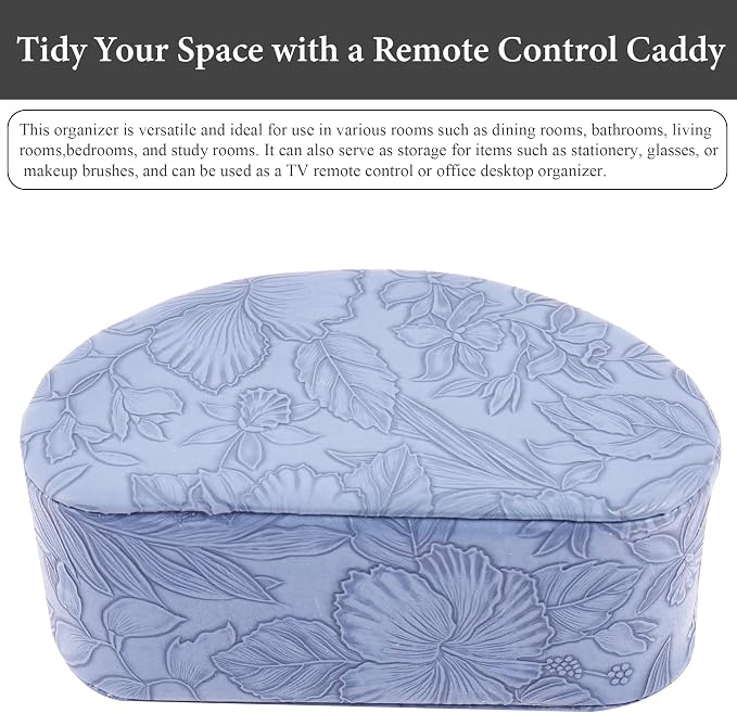 Remote Control Holder, PU Leather Remote Caddy Desktop Organizer with 5 Spacious Compartments for TV Remotes/Media Controllers/Office Supplies (1-Carved Blue
