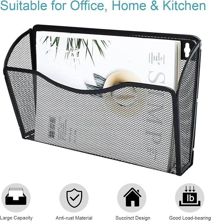 PAG 6 Pockets Wall File Organizer Metal Mesh Hanging Document Paper Holder Wall Mount Magazine Rack for Business Home Office Classroom, Black