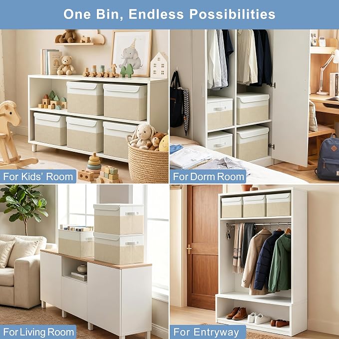 Bagnizer Large 17" 42 Quarts Collapsible Stackable Storage Bins with Lids [3-Pack] Foldable Fabric Linen Storage Boxes Cube, Closet Organizer Baskets with Label (16.7 x 12 x 12, Beige & White)