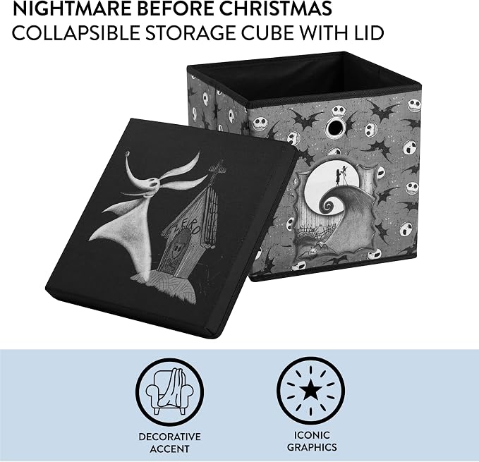 The Nightmare Before Christmas Collapsible Storage Cube with Removable Lid,10"x10"x10" Fabric Organizer Bin for Essentials