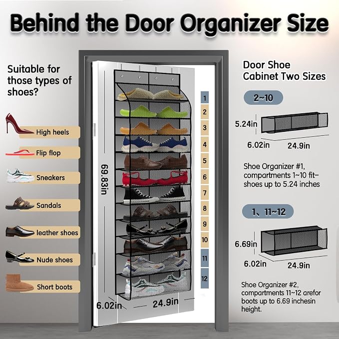 Kotkn Over The Door Shoe Organizer with 12 Large Breathable Pockets - Durable Hanging Storage for the Entire Family's Shoes (Gray)