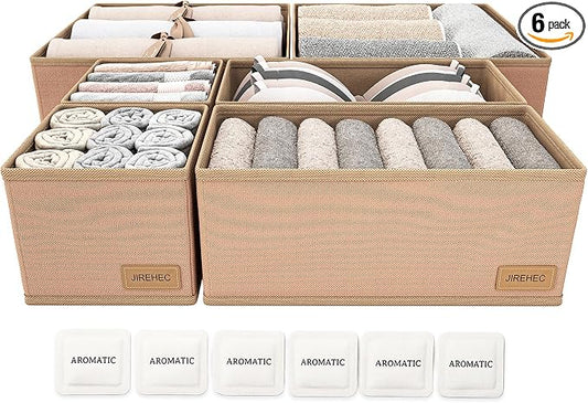 Dresser Drawer Organizer Clothes, 6 Pack Foldable Storage Boxes with Zipper, 600D Fabric, Cream, Drawer Dividers for Underwear, Socks, Baby Clothes