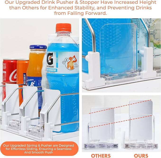 Self Pushing Drink Organizer for Fridge - 5 Rows, Upgraded Design Soda Can Organizer for Refrigerator with Larger Stopper Height & Locking Feature, Can Dispenser for Fridge, Holds 25-30 Cans | Maximizes Refrigerator Space